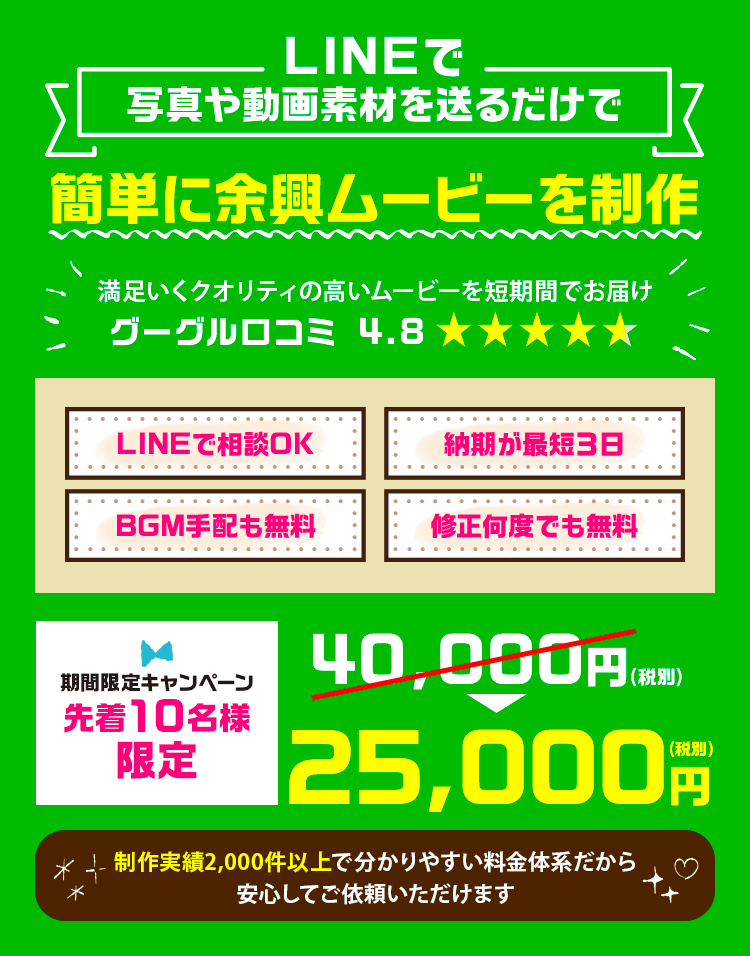 LINEで迅速かつ丁寧な対応！余興ムービーを最短３日後に納品致します。今だけの特別価格25,000円（税別）